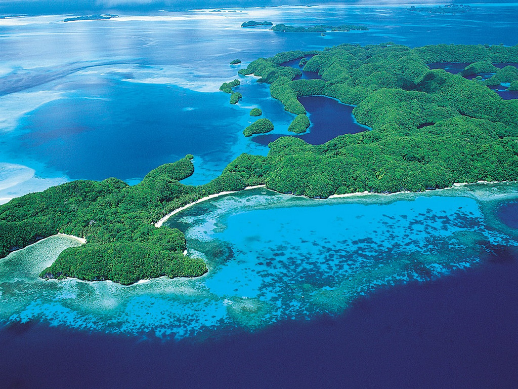 Pohnpei's green coastline rising from the lagoon